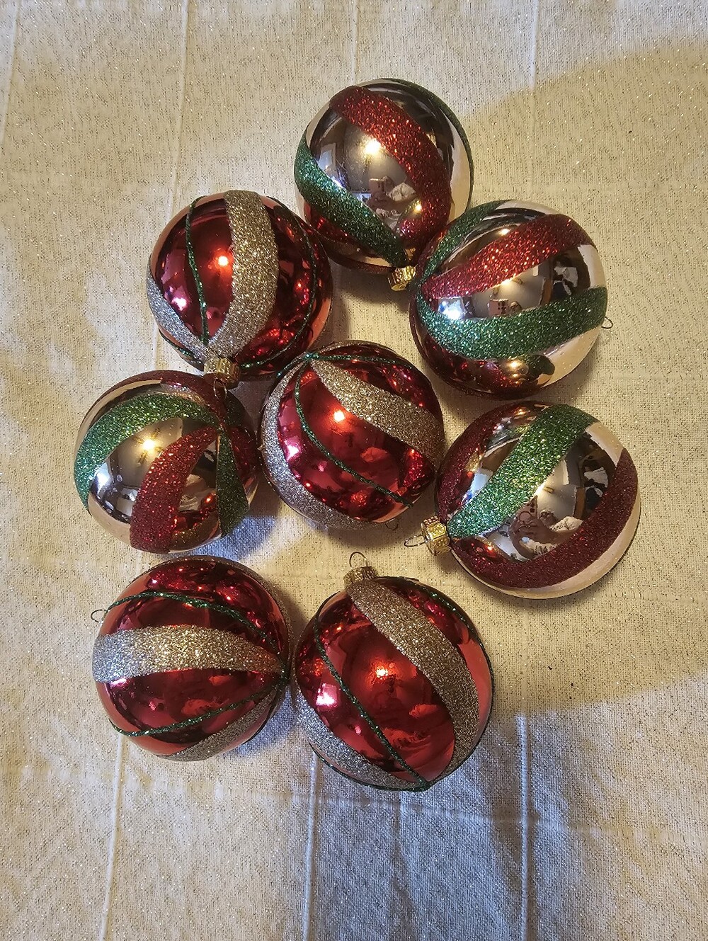 Classic Red & Gold Holiday Ornament Set – Glitter Stripe Accents